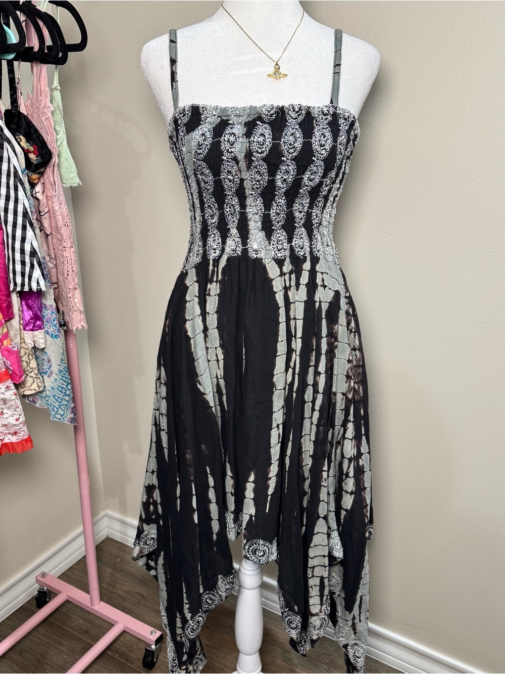 Smocked Spaghetti Strap Black Grey Tie-Dye Fairy Y2K Whimsigoth Summer Dress